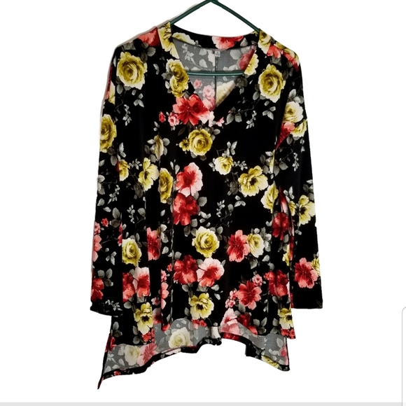 white birch Tops - White Birch Tunic Top Women's Small Floral Oversized Hi Lo Hem Black Red Yellow